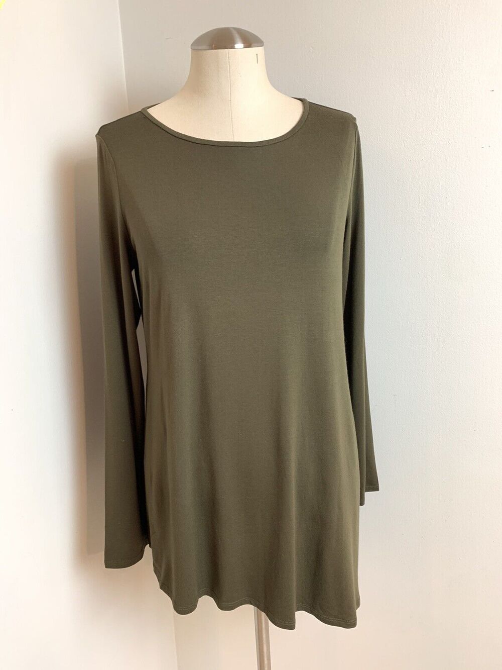 Eileen Fisher Army Green Asymmetrical Hem Long Sleeve Round Neck Top Size S